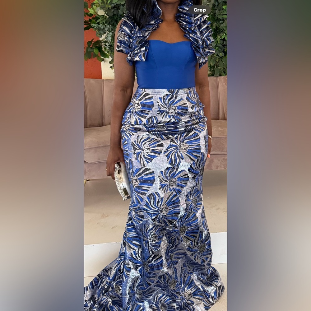 Custom made dress sewn beautifully. Elegant Blue Patterned Dress. Worn once.
